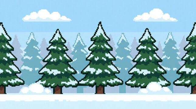 Pixel art snowy pine forest in winter, side scrolling 2D game background with parallax trees
