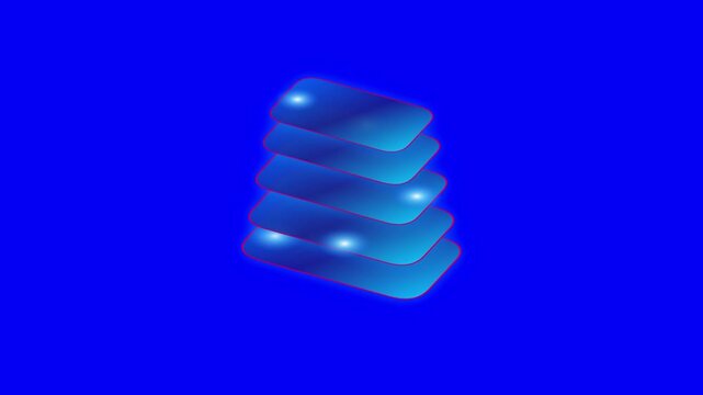 Glowing blue data stack, abstract 3D isometric layers of translucent glass, futuristic digital storage concept for tech and science visuals
