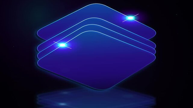 Abstract blue glowing layers of digital data storage, futuristic technology platform with light flares, 3D geometric square glass plates