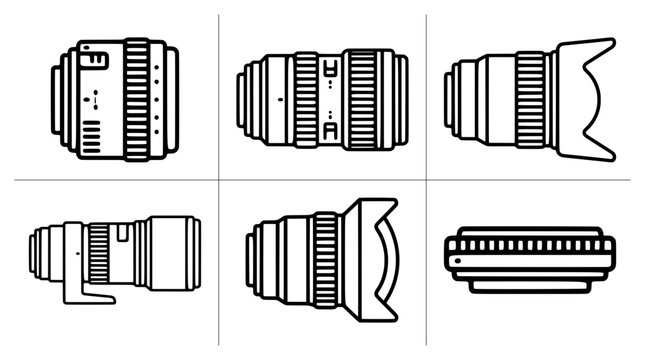 Camera lens icons set with zoom, prime, and telephoto lenses for photography and videography