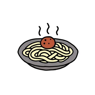Hot steaming spaghetti pasta with meatball vector illustration, simple hand drawn doodle style Italian food icon isolated on white background.