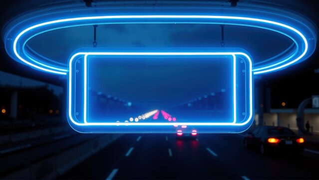 Neon lights frame highway view. Futuristic tunnel creates glowing rectangle, showcasing distant traffic, dark sky. Intense blue dominates scene.
