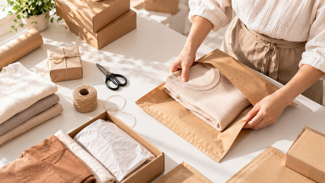 Hands packing folded clothes in recyclable kraft paper bags surrounded by cardboard boxes and packing supplies, sustainable shipping concept