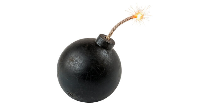 Classic black metallic round bomb weapon with lit burning fuse, isolated on transparent background.