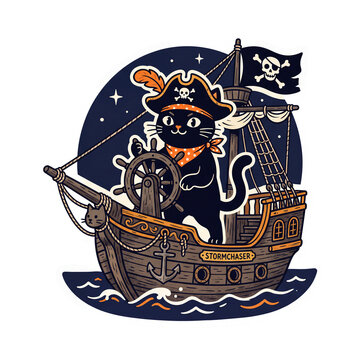 Black cat pirate captain steering vintage wooden galleon ship with skull flag vector sticker isolated on transparent background