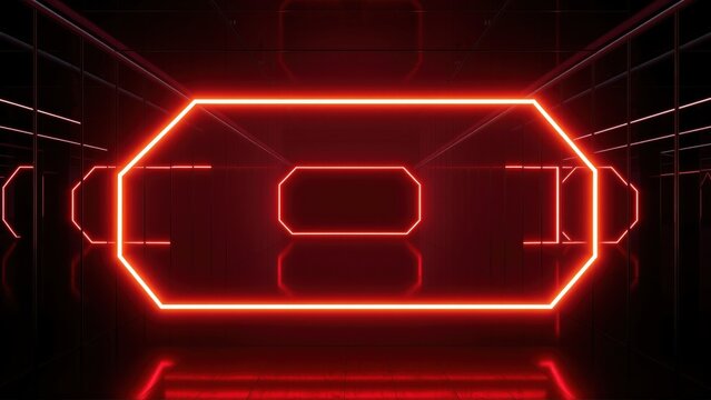 Neon tunnel, glowing red lines create futuristic space. Reflections visible on dark surface. Minimalist design, abstract geometry.