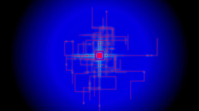 Futuristic digital circuit board animation, glowing blue technology background with red data lines, abstract cyber security network concept