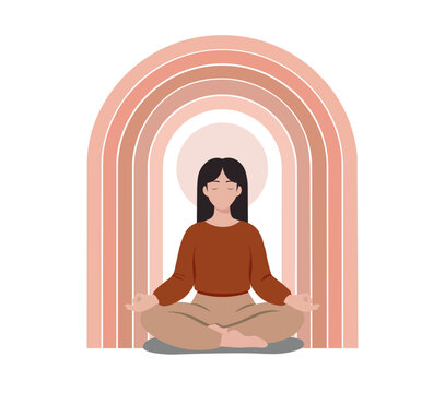 Woman meditating in lotus pose beneath pastel rainbow arch for mindfulness wellness illustration