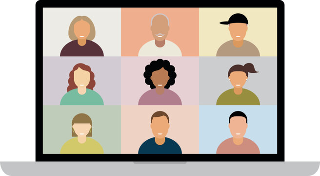 Multicultural team video meeting on laptop screen for remote workplace collaboration illustration
