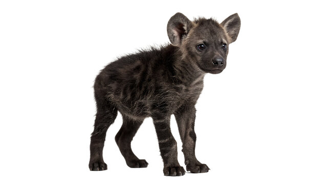 Small wild spotted hyena cub standing in profile safari animal isolated on white background