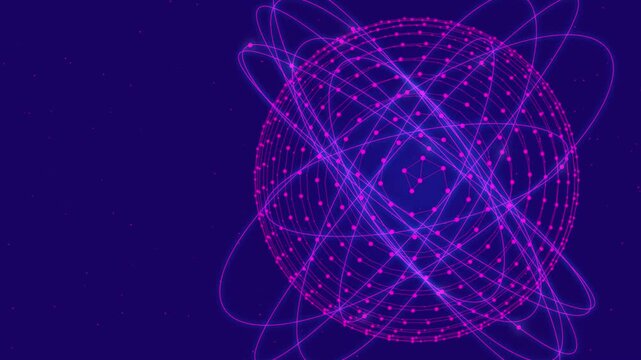 Abstract digital sphere with glowing purple orbits, futuristic network of data points, scientific atom model for technology and data visualization