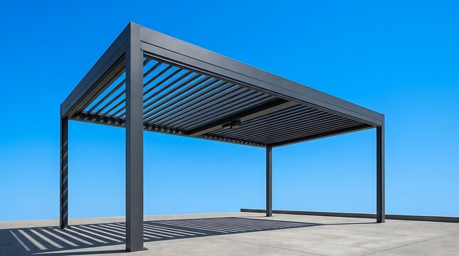 Modern gray aluminum bioclimatic pergola with adjustable louvers on a terrace under a clear blue sky.