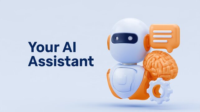 3D AI assistant icon banner featuring a humanoid robot head, chat bubble, brain, and gear, with glossy plastic textures and text &ldquo;Your AI Assistant&rdquo;.