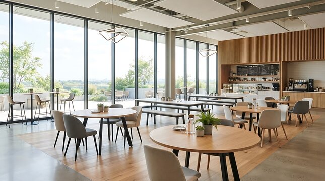 Spacious and modern office cafeteria interior with wooden furniture and large panoramic windows.
