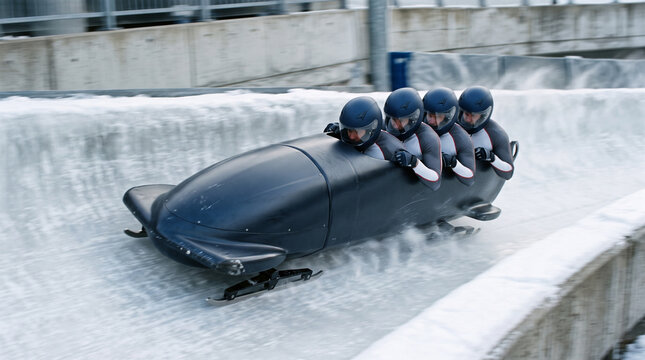 Bobsled team racing down the track in a winter sports competition  