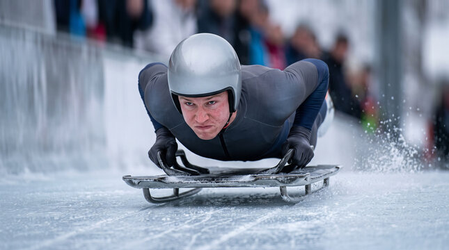 Skeleton racer speeding down the track during a winter sports event  