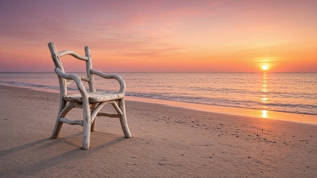 Driftwood chair on sandy beach facing sea at sunset