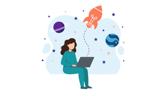 Woman on laptop, launching ideas with rocket lightbulb, innovation concept