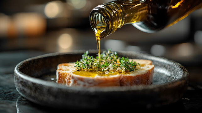 A rich stream of golden olive oil pours over fresh herbs and toasted bread in a rustic ceramic dish, capturing gourmet culinary elegance with warm lighting and shallow depth of field.