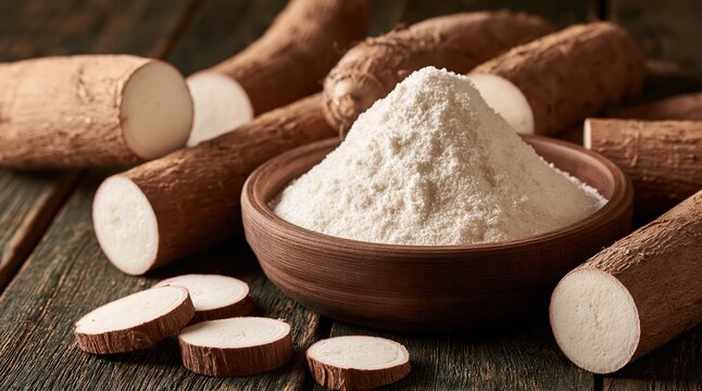 Pile of White Cassava Flour in Wooden Bowl Surrounded by Fresh Yuca Roots and Slices on Rustic Table