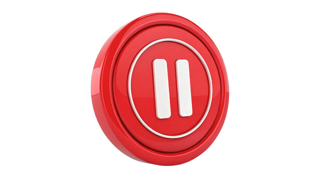 Bright red round plastic pause button icon digital interface sign, isolated on transparent background.