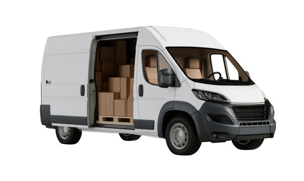 White Delivery Van with Open Cargo Door and Stacked Parcels
