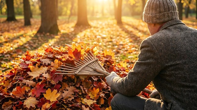 Senior man raking colorful autumn leaves in the backyard garden during a sunny fall day.