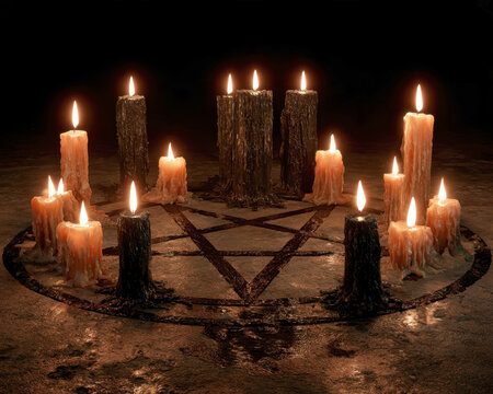 Occult pentagram circle surrounded by burning wax candles dark magic ritual background witchcraft gothic mystery esoteric satanic symbol horror Halloween altar atmosphere photorealistic 3D render