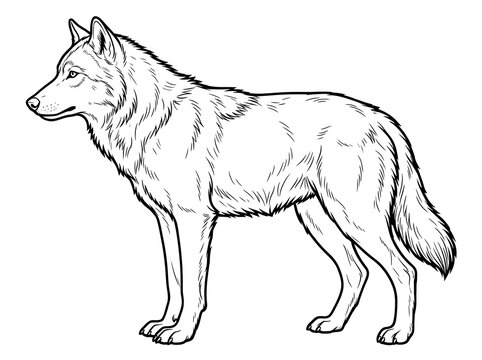 Wild Wolf Standing Side View Line Art Vector Illustration Coloring Page   