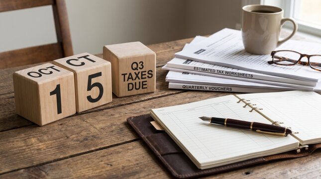 tax planning deduction paperwork profit concept. Wooden calendar blocks showing tax due date with documents and pen on table