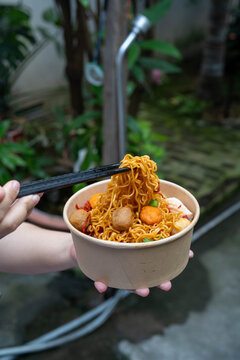 Delicious noodles served in a bowl surrounded by lush greenery.