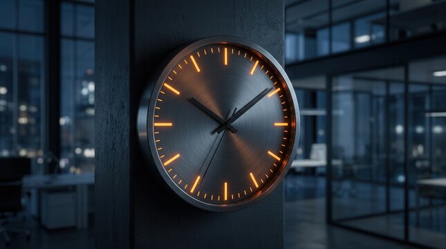 Precision concept shown by a contemporary wall clock with orange light accents in a sleek office.