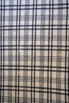 Textured plaid fabric in neutral tones with a classic black and white pattern.