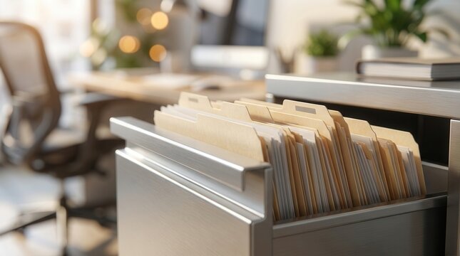 Manila folders stored in an open metal filing cabinet within a professional office setting.
