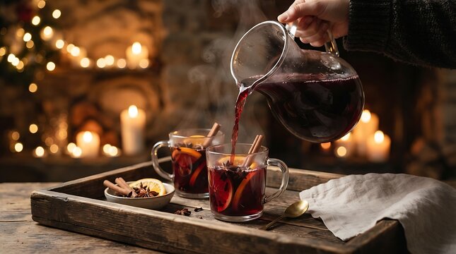 Hot mulled wine being poured from a glass pitcher into festive holiday mugs on a rustic wooden tray with spices.