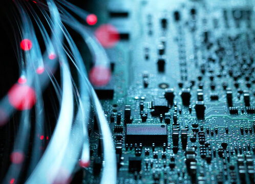 Fibre optics, hardware, circuit board in the background