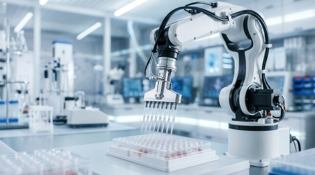 Laboratory automation featuring a robot arm with disposable test tubes for virus testing.