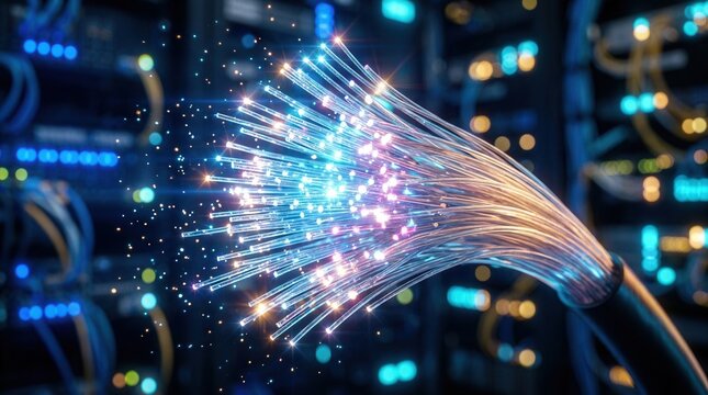 Close up of fiber optic cables with bright light particles and blue tones.
