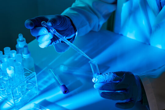 Laboratory technician analyzing blood sample in medical laboratory