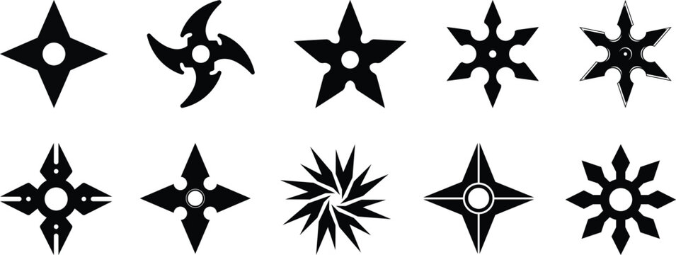 Set of ninja shuriken stars icons, Ninja Throwing Star Silhouettes. set of ninja weapon, isolated on white background. Japanese Throwing Stars, Black Silhouette Graphics