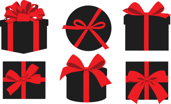 Elegant Black Gift Boxes with Vibrant Red Ribbons and Bows Collection. High-Quality Vector Illustration Set for Christmas, Valentine's Day, Birthdays, and Luxury Brand Marketing Events.