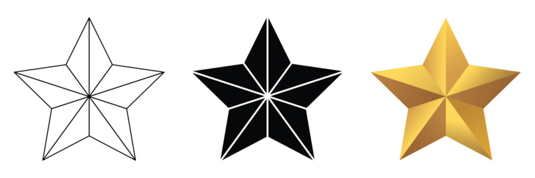 Star shape icon set in line, solid and flat colorful versions. Five point star sign or symbol vector collection for game rating, websites and apps.