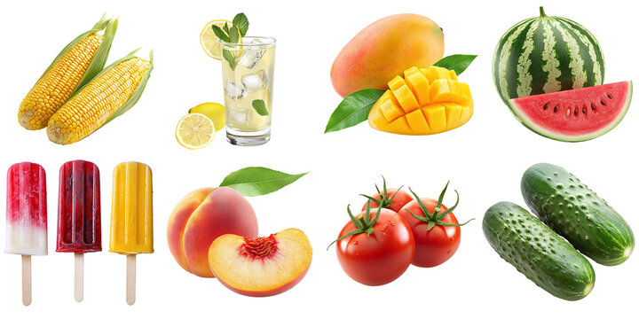Summer food set: ice cream, corn, mango, watermelon, drink, peach, tomato, cucumber, isolated on transparent background PNG, clipping path, template, mockup, cut out