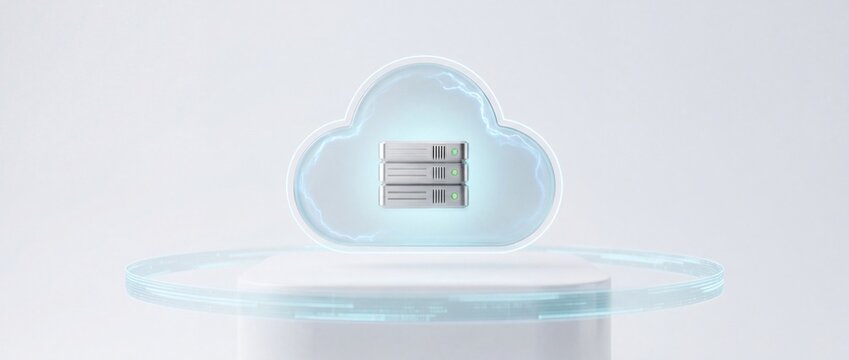 Cloud computing and data storage, servers inside glowing cloud icon on podium, technology and digital infrastructure concept