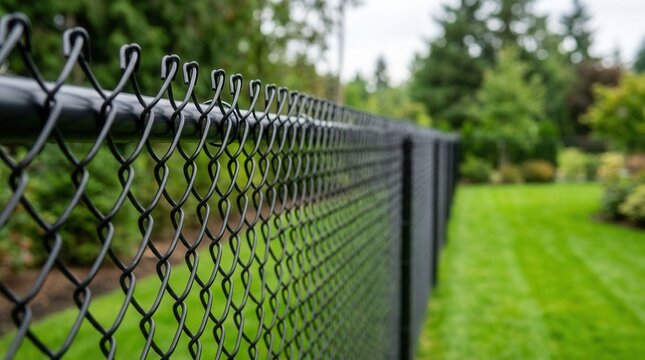 Black metal chain link fence protecting a green residential garden.