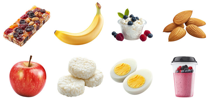 Healthy fitness snack set: apple, cottage cheese, egg, almond, oatmeal bar, smoothie, banana, isolated on transparent background PNG, clipping path, template, mockup, cut out