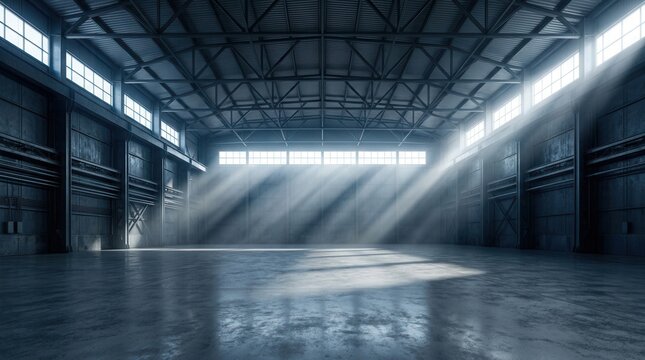 An industrial hangar interior with soft light beams and an empty concrete floor.