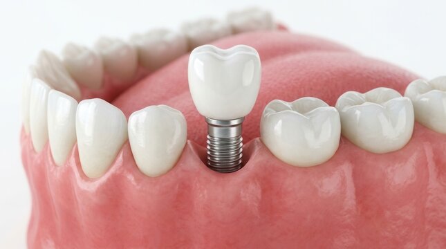 Close up view of a dental implant screw and porcelain crown in pink gum tissue.