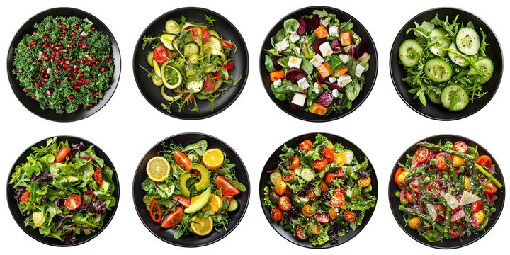 Set of haute cuisine restaurant vegetable salads, isolated on transparent background PNG, clipping path, template, mockup, cut out