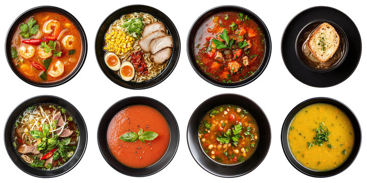 Set of restaurant soups from different countries, isolated on transparent background PNG, clipping path, template, mockup, cut out